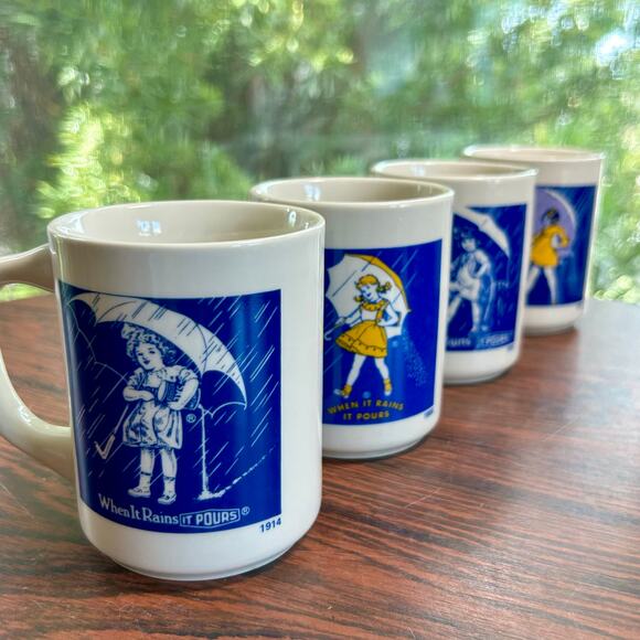 Vintage Morton Salt Mug Set of 4  When It Rains It Pours Advertising Collectible - Picture 3 of 14